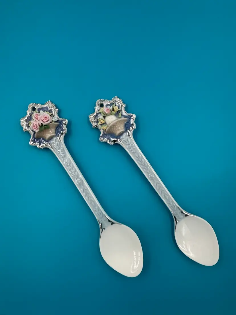 2 Retired Llardo Caprichos Porcelain Spoons “ Cucharita Azul Claro” light blue