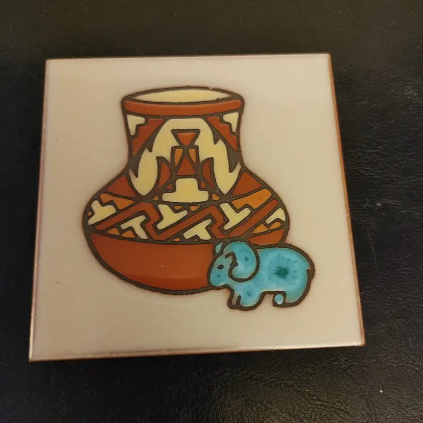 Hand painted Tile with Pot and Ram. By Cleo Teissedre. 4 x 4. No chips or cracks.