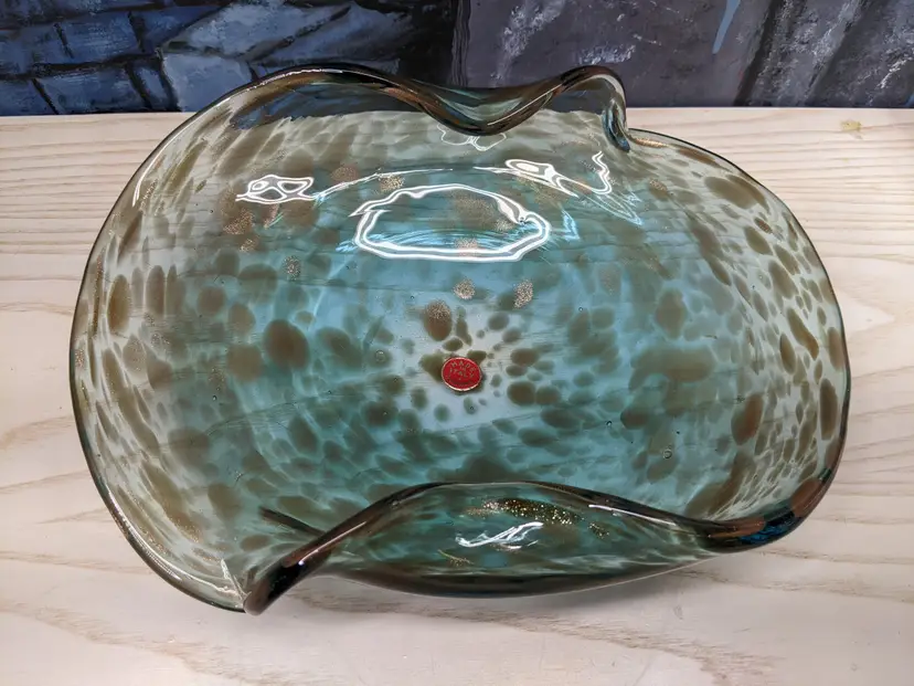 Vintage Murano Art Glass MCM  AVEM blue Wave Dish Bowl 11.5" Gold Aventurine Tag Toso Centerpiece