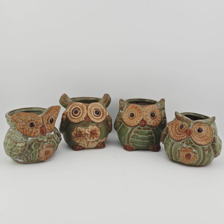 Green Pottery Owl Votive Holder Family