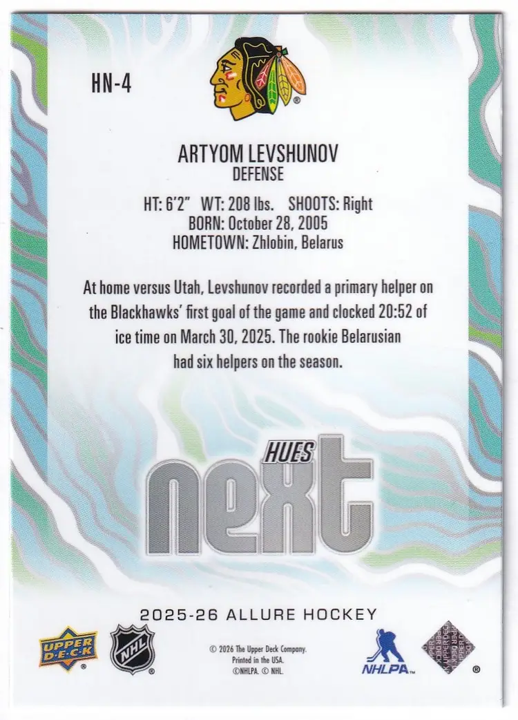 2025-26 Upper Deck Allure Hues Next #HN4 Artyom Levshunov Chicago Blackhawks Hockey Card