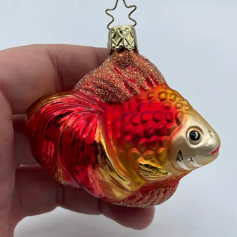 Old World Christmas Blown Glass Fish Ornament Orange And Glitter 2.75”