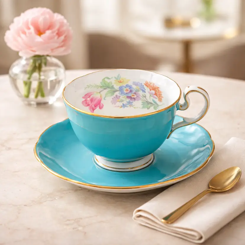 Vintage Aynsley Fine Bone Chine Tea Cup & Saucer Set w/ Robin's Egg Blue Glaze