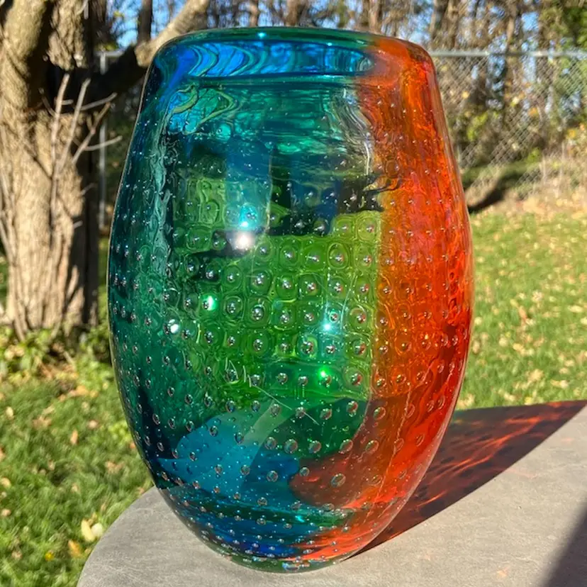 Blue, Green And Orange, Heavy, Handblown Art Glass Vase With Controlled Bubbles. Polished Bottom. 7.5”h x 4.5”w. *read