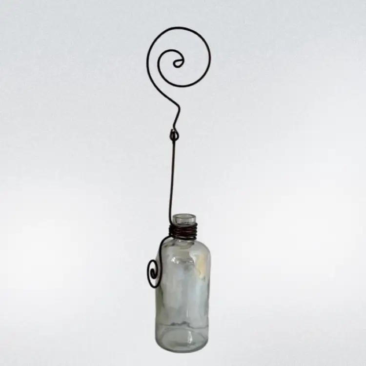Hanging Clear Plant Clippings or Flower Vase  Iridescent Vase W/Metal Hanger & Accents
Bottle: 5-1/2” T x 2-5/8” W
Total W/ Hanger 12-1/2” T