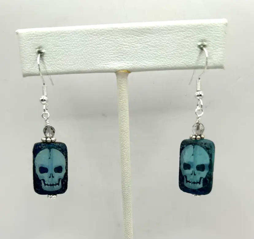 Silver Tone Laser Tattoo Blue Czech Glass Earrings With Swarovski Crystal Accent 2” Long