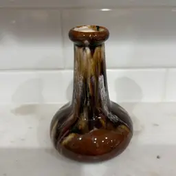 Drip Glass Pottery Mini Vase Brown Signed Linda
