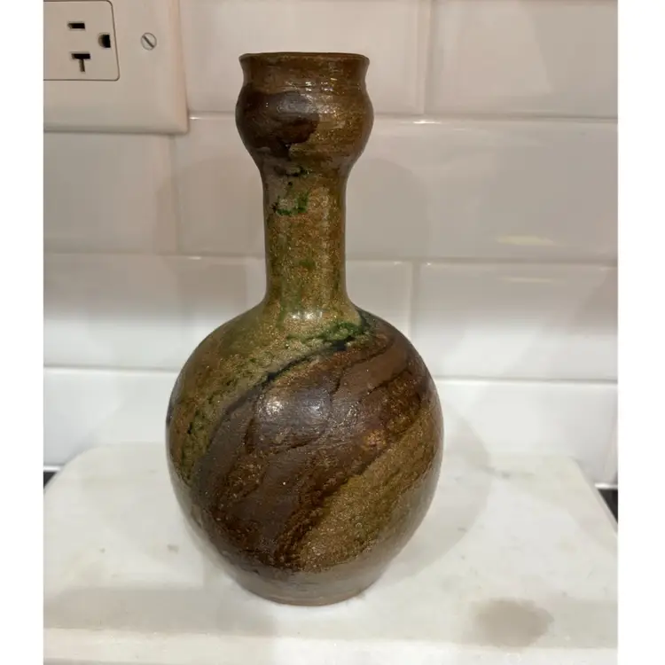 Pottery Vase Brown And Gwen Glaze Signed By Artist