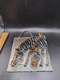 Vintage Fused Glass Wall Hanging Suncatcher Zebras