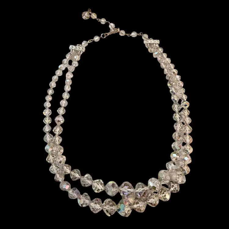 Signed Laguna Grey Austrian Crystal AB Double Strand Chocker Necklace 14” To 16” As Is