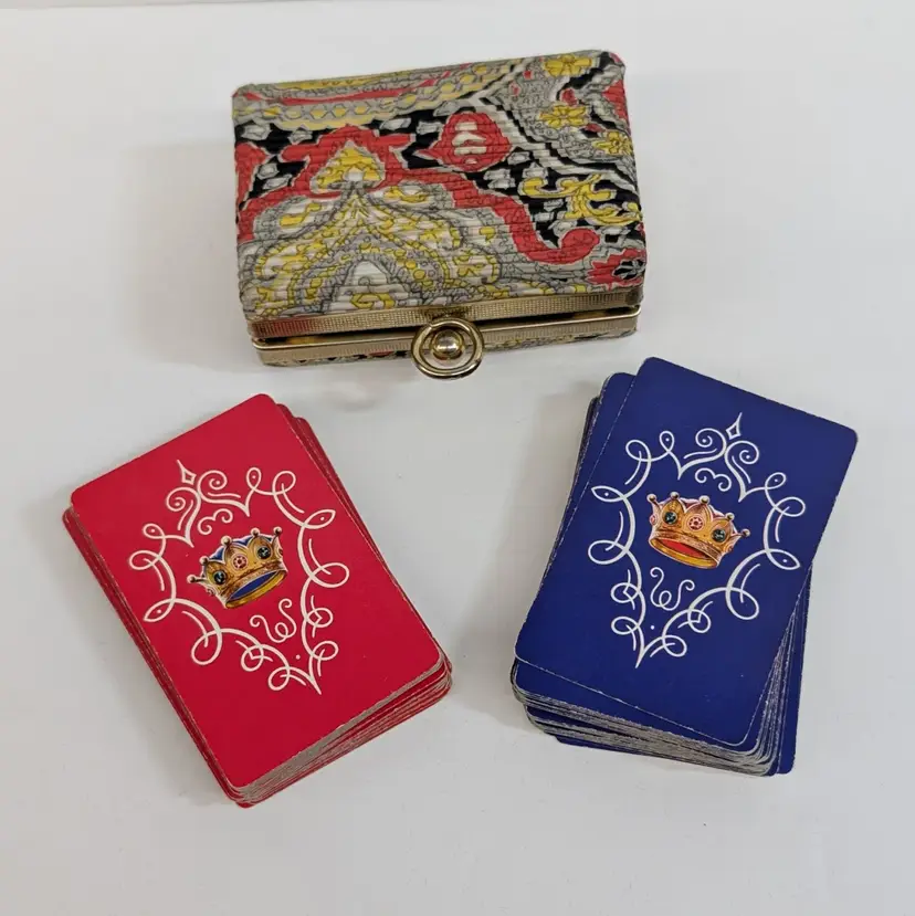Vintage Fabric Purse Playing Card Holder w/ Two Card Decks Crown Plastic Coated