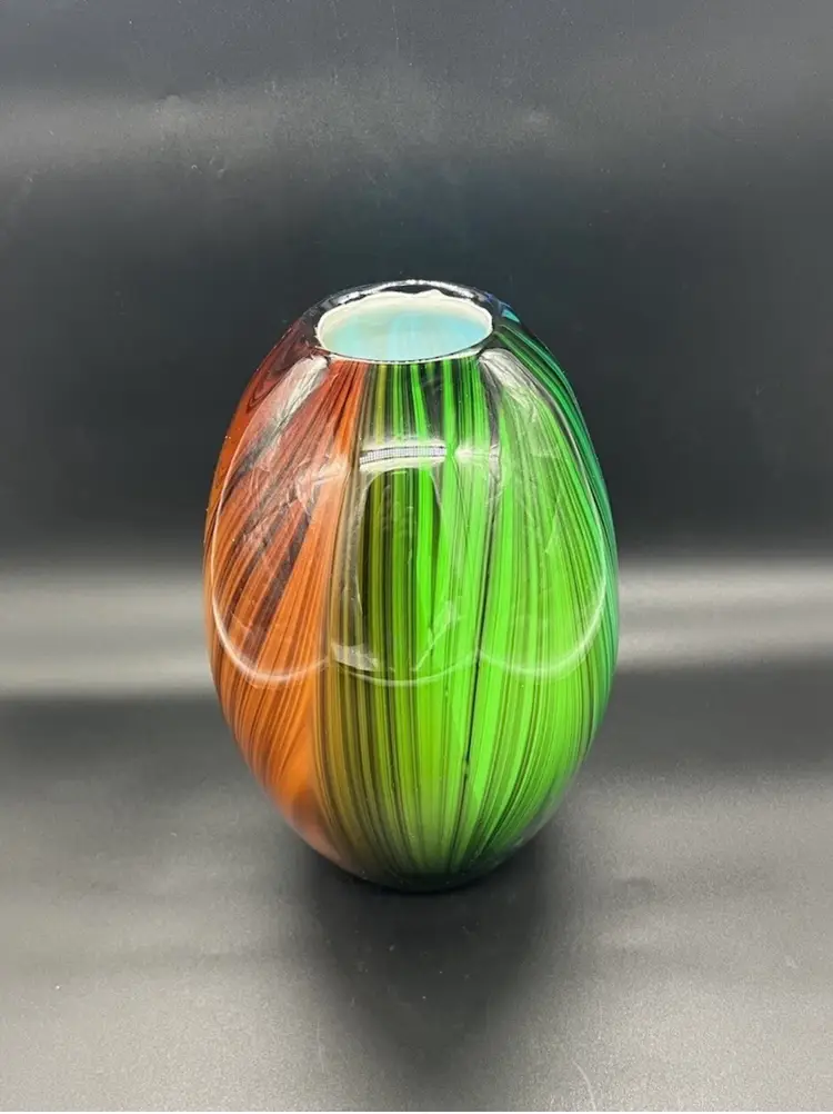 Crate & Barrel Tiki Cased Art Glass Vase Green Blue Amber Feather Wood Grain 11”