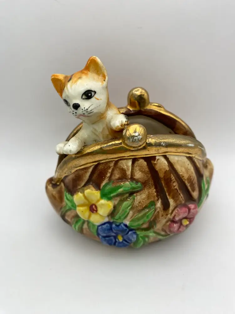 Adorable Vintage Porcelain Cat In Floral Bag