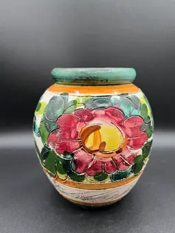 Italian Hand Painted Etched Large Floral Pottery Vase 6” 🏺