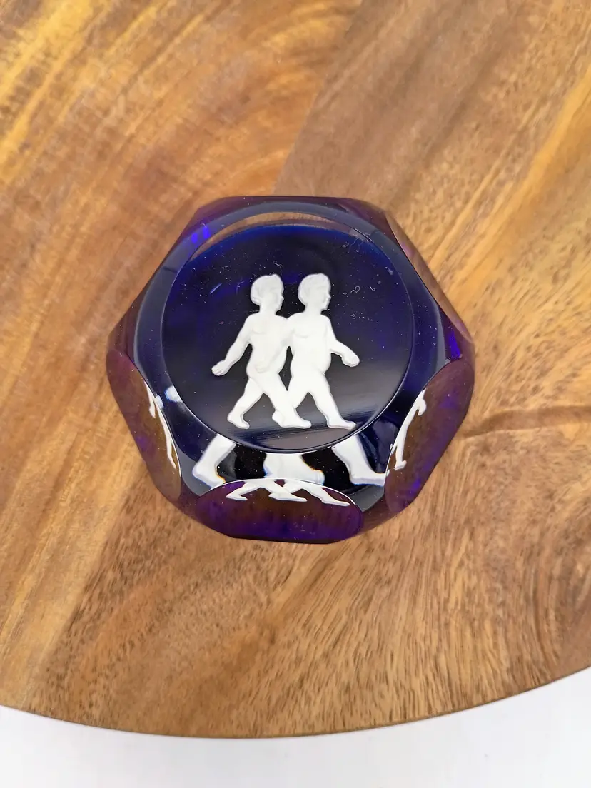 Vintage Baccarat Faceted Sulphide Cobalt Blue Base Crystal Paperweight Gemini Twins