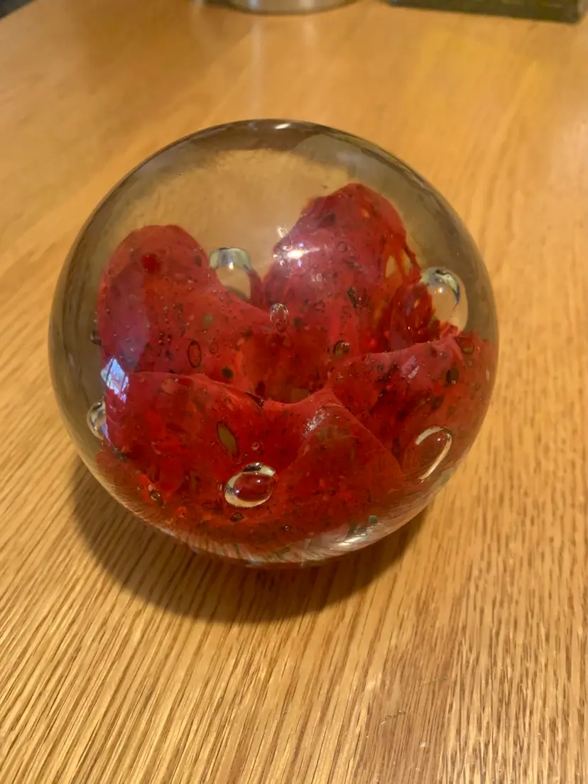 Paperweight W/Red Flower Chip & Orange Peal 3 1/2 Inches