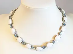 Vintage Silver Tone Milk Glass and Blue Rhinestone Necklace Choker MCM
