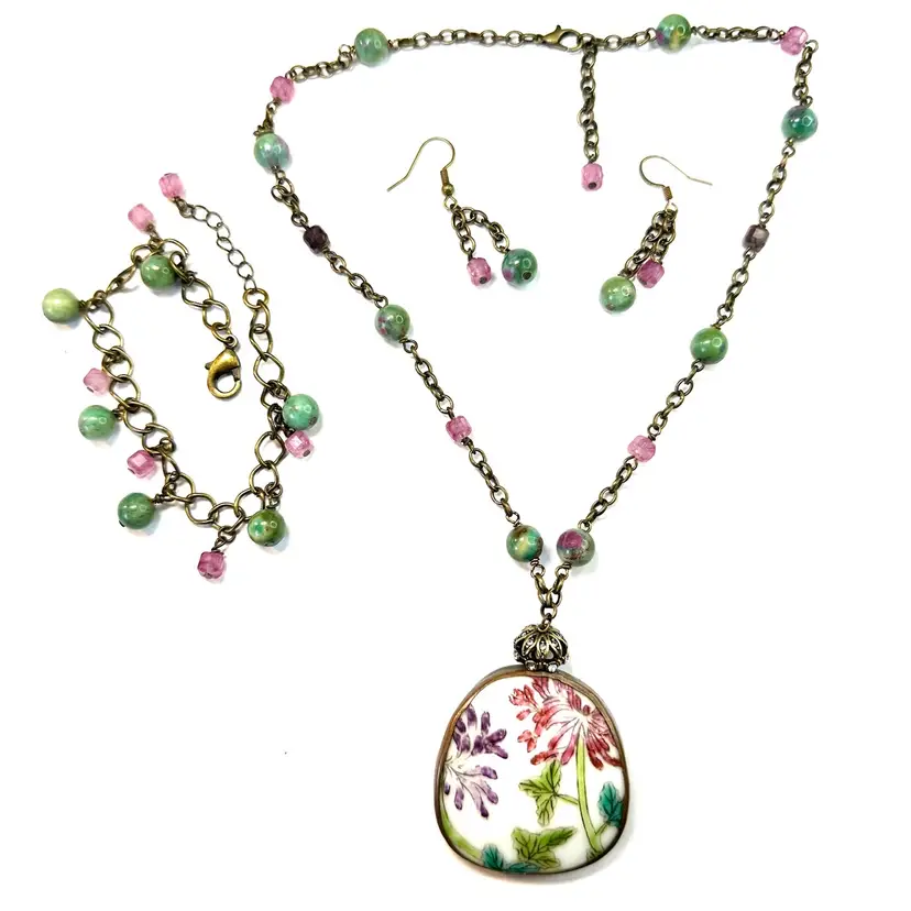 Floral Pendant Parure Necklace Earrings Bracelet Brass Tone Stone Bead Handmade By Me