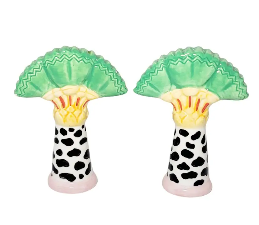 Vintage Palm Tree Salt And Pepper Shakers With Cow Print Tree Trunk 4.25"  READ
