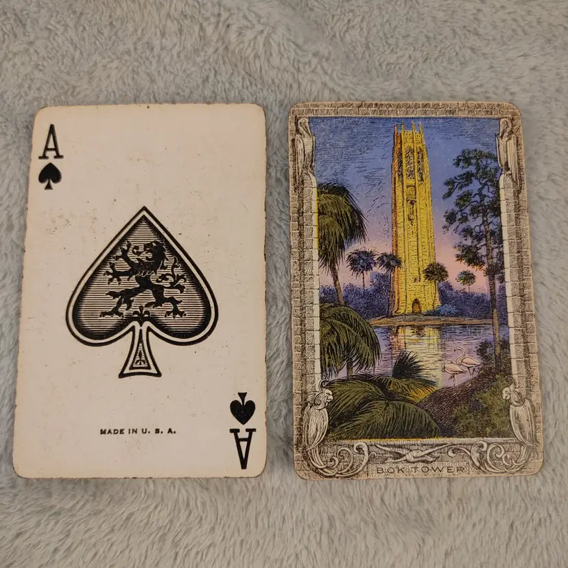 1 Single Swap Card - Playing Card. Bok Tower. Vintage 1920-1930's. Made in the USA. Ace of Spades. Dimension 2.5 x 3.5. Read description.