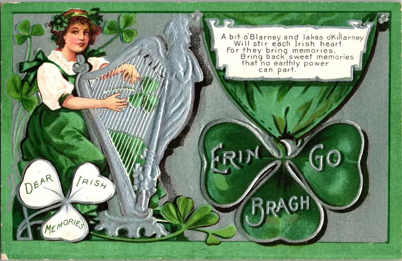 Postcard St Patrick's Day Dear Irish Memories Erin Go Bragh Embossed Harp Clover