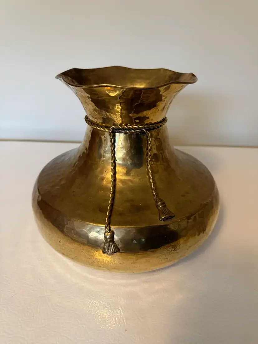 Vintage Hammered Brass Vase With Tassel Detail