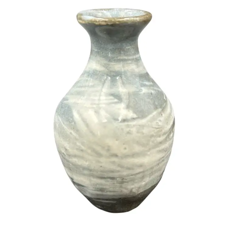 Handmade marbled or swirling gray white glazed vase on dark clay with Celadon glaze, makers mark.