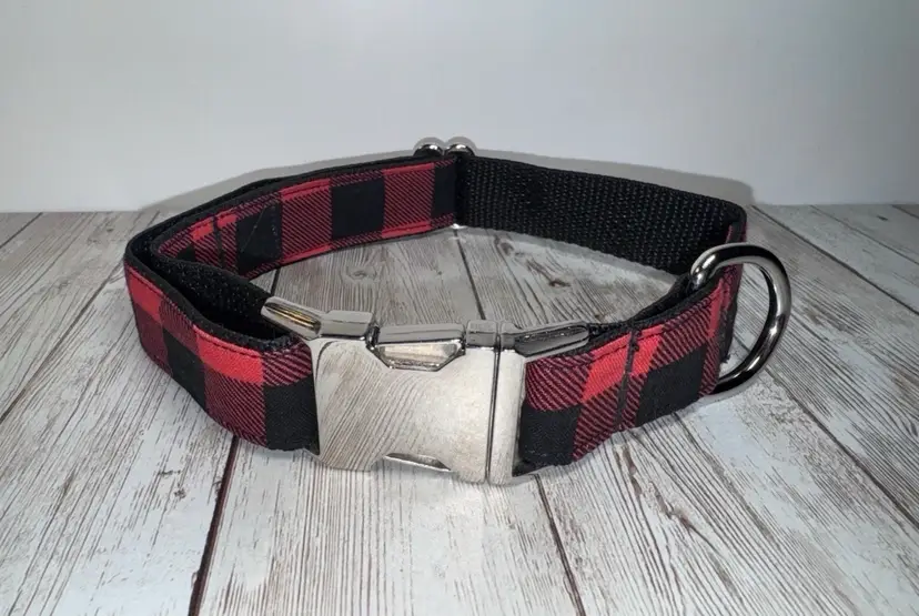 Dog Collar Red Buffalo Plaid Holiday Large Handmade Heavy Duty W/Buckle NEW
