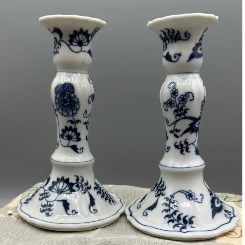 Vintage Blue Danube Japan Porcelain Blue Onion Candlestick Pair 6 1/4”x4”