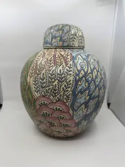 Vintage Chinese ginger jar with lid in Famille Rose style, 10.5” Tall