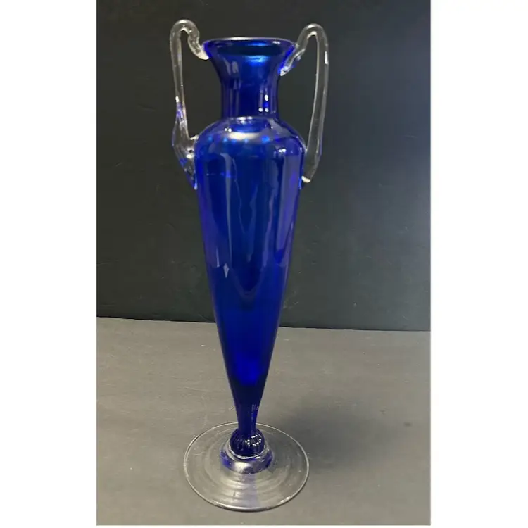 Art Glass Hand Blown Cobalt Blue Vase With Applied Clear Handles Pontil Mark