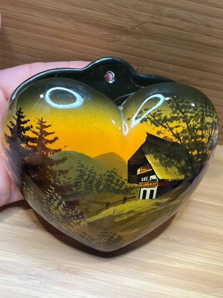 vintage SMF Schramberg Majolica German Heart Shaped, Hand Painted wall pocket vase