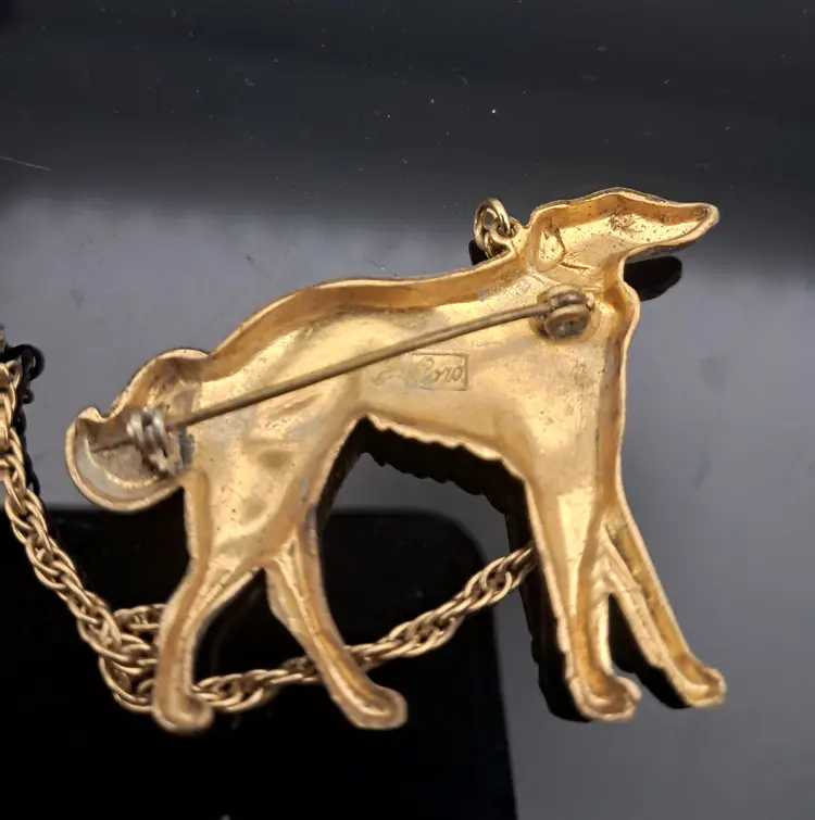 Coro Art deco Lady and Greyhound Chatelaine Pin Set