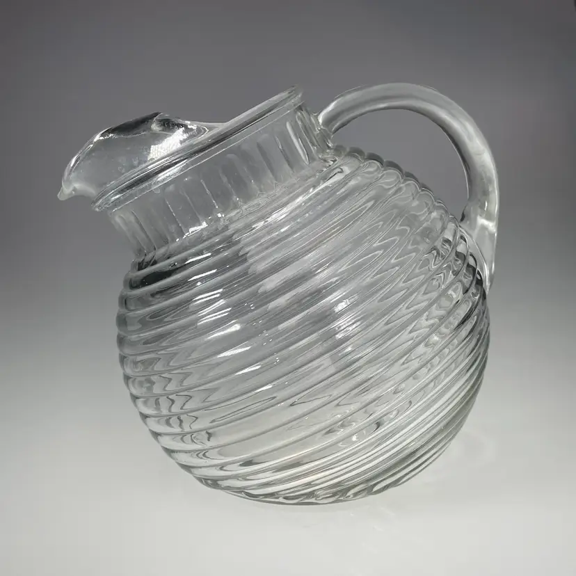 Anchor Hocking Manhattan Tilt Ribbed Ball Pitcher Vintage Glass w Ice Guard 7.5"