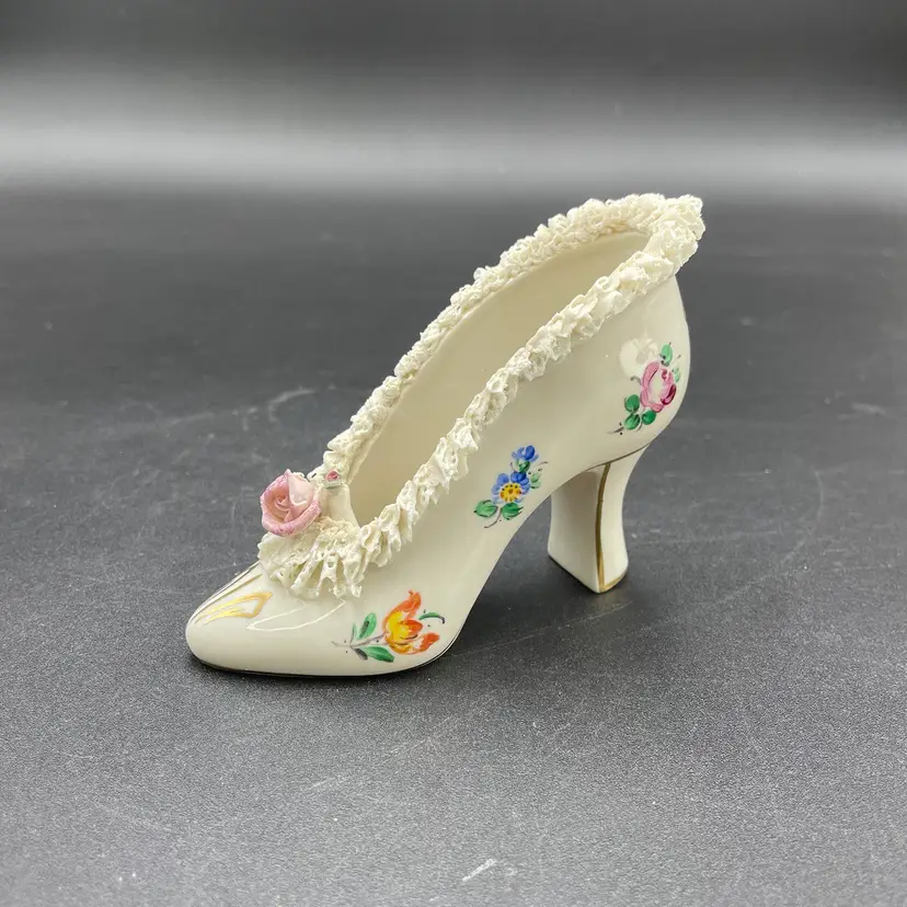 Dresden German Porcelain Lace Shoe Slipper Floral Pattern Signed AS IS