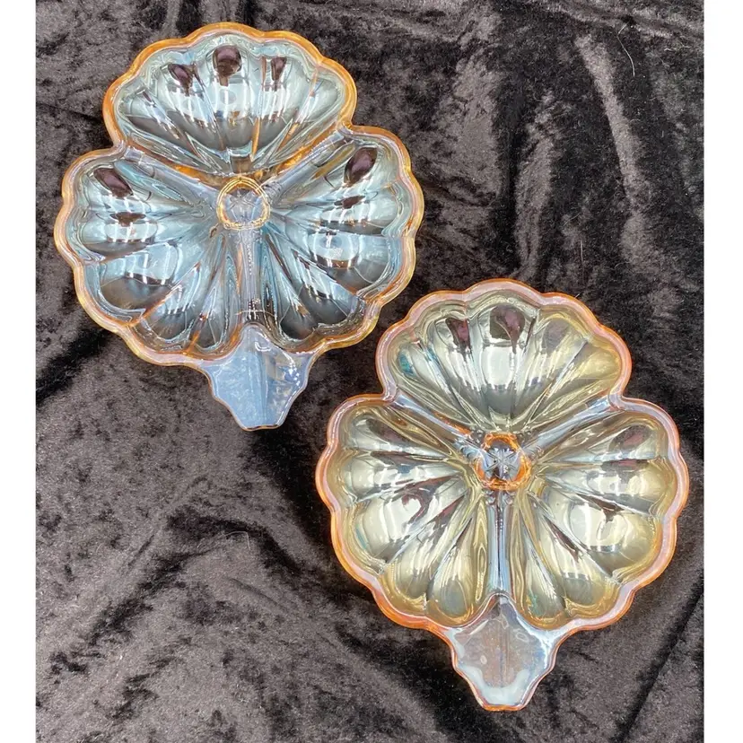 Pair (2) Vintage Jeannette Marigold Carnival Glass Clover Divided Dishes, 7"