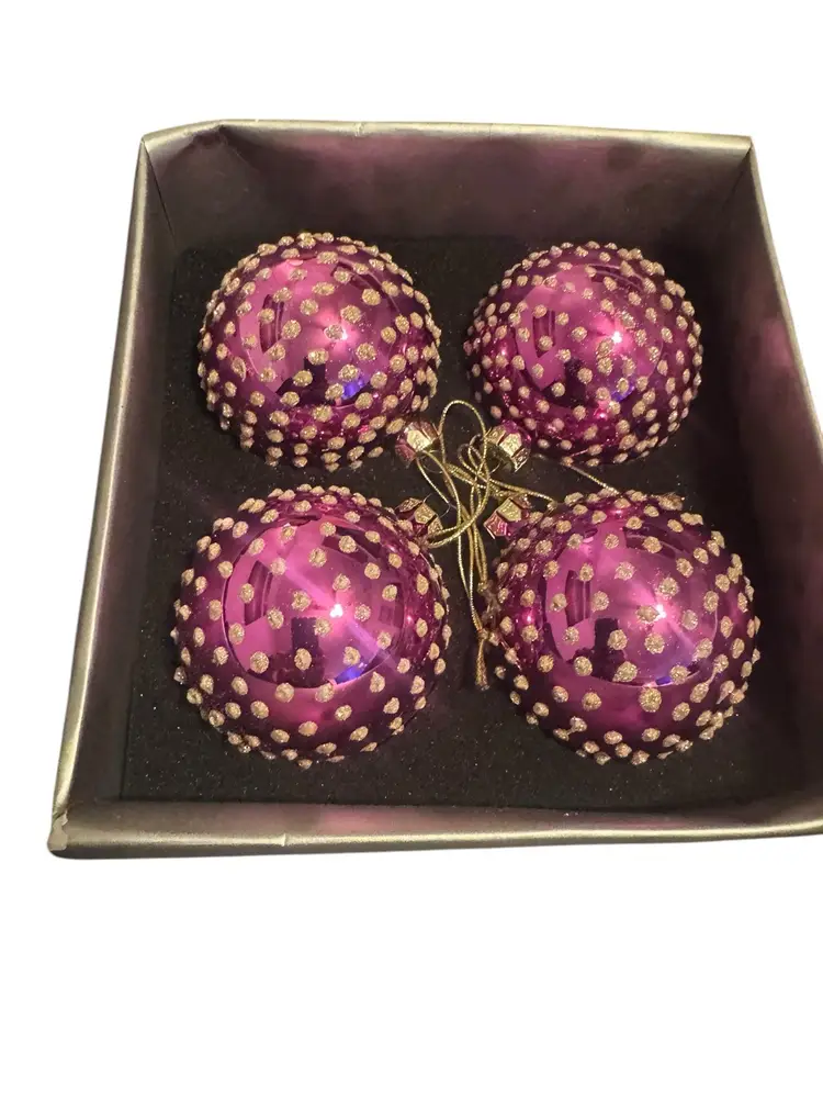 Seasons Designs Set Of 4 Hand Blown Glass Purple Christmas Ornaments 3” w/box
