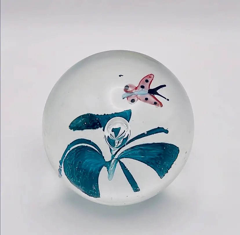 Hand Blown, Studio Art Glass Paperweight, Dark Teal Flower, Pink Butterfly, 2.5”