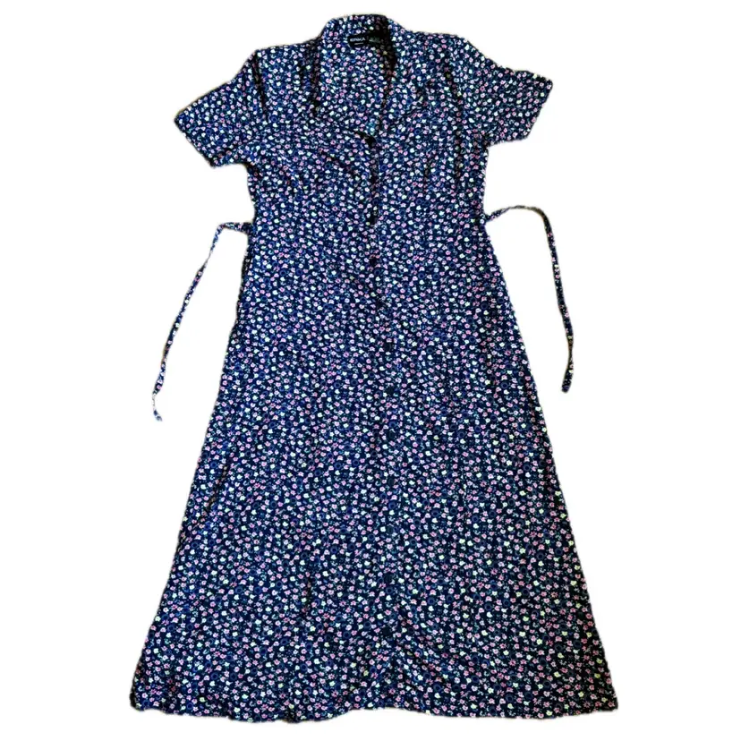 Vintage Erika Blue Floral Rayon Dress Size Large Button Up Feminine Cottagecore