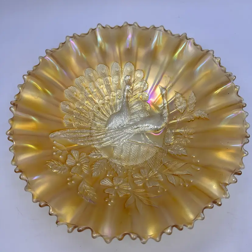 Northwood "Peacocks on the Fence" Marigold Carnival Glass Dish
