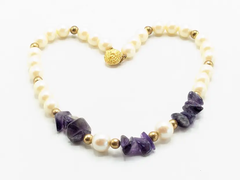 Gold Tone Faux Pearl and Amythest Necklace