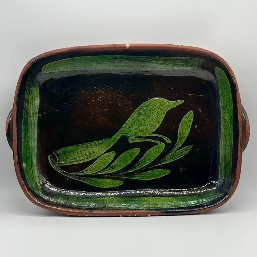 Mexican Folk Art Pottery Tray w/ A Green Bird Hand Painted 12”