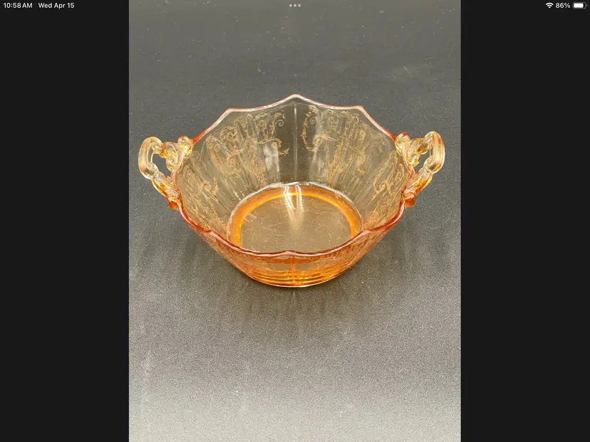 Vintage Amber Depression Glass with Cleo Etched Handles, Decagon Pattern by Cambridge
