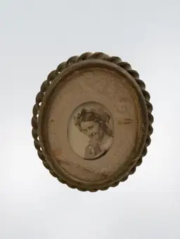 Antique Victorian Era Brass Miniature Portrait Picture Frame w/ Original Cherub Paper Under Mount  2.45”