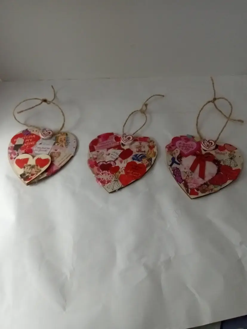 Made by me decoupage Valentine's Day wooden hearts  set 3 with jute hanger approx 4 inch tall