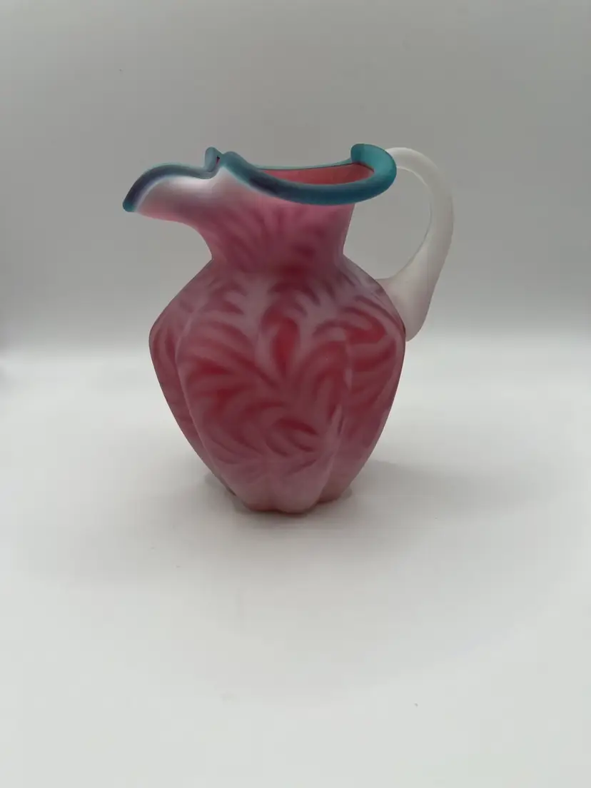 Fenton Heavily Opalescent Cranberry Glass Pitcher w/ Fern Pattern Blue Crest