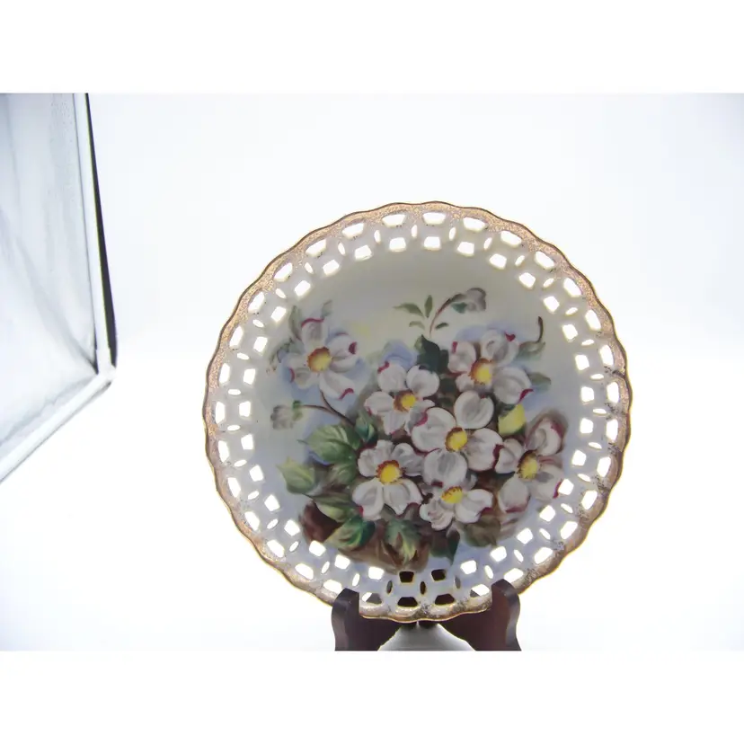 Vintage Scalloped and Pierced Edge Plate with Hand Painted Dogwood Flowers and Gold Trim