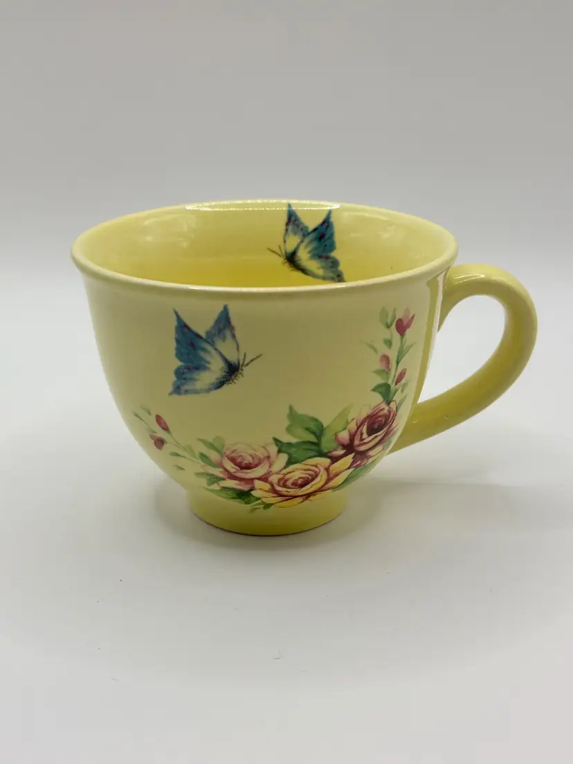 Vintage Butterfly & Rose Pattern Teacup, Ceramic Yellow Pastel, Floral Kitchen Decor, Unbranded, Made In China
