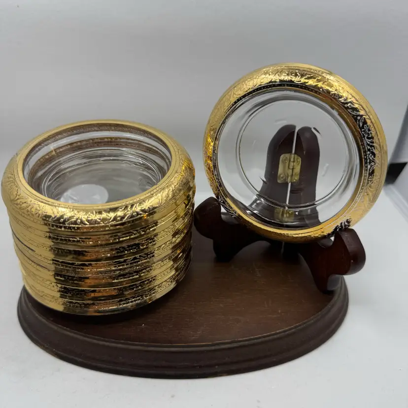 Set Of 8 EAPG Coasters With Gold Toned Rims, Great Condition