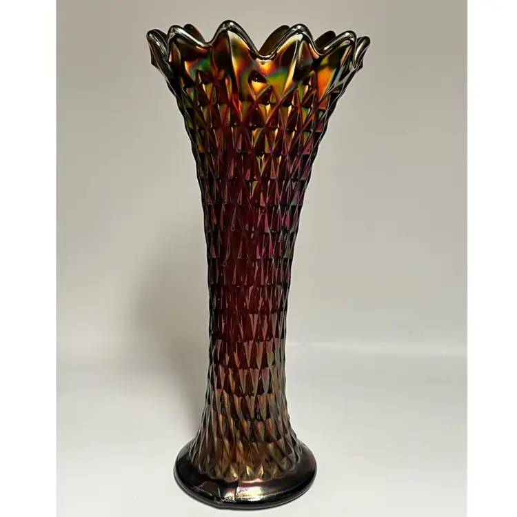Northwood -Amethyst Carnival Glass-Diamond Point- Swung Vase – 12-Point Crimped Top, 10.5” Tall, Vintage Iridescent